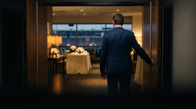 A host holding open the door to a candlelit hospitality lounge