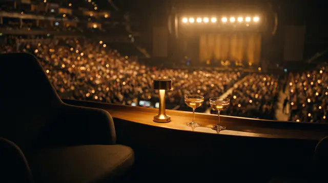 Two coupes and a brass lamp on a box ledge above a packed arena lit for a concert