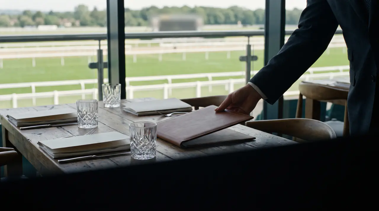 A host placing a leather folder on a lunch table set by the window of a suite overlooking a racecourse