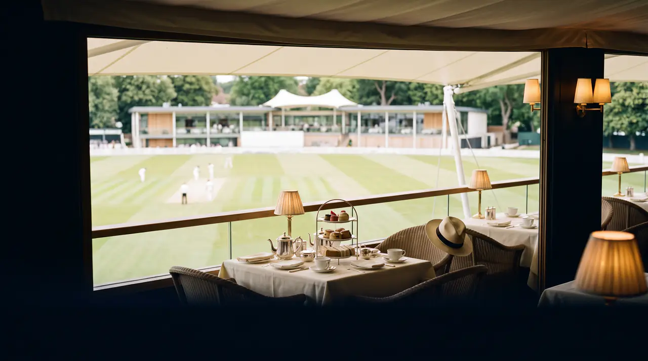 Afternoon tea set on a covered balcony overlooking a cricket ground and pavilion