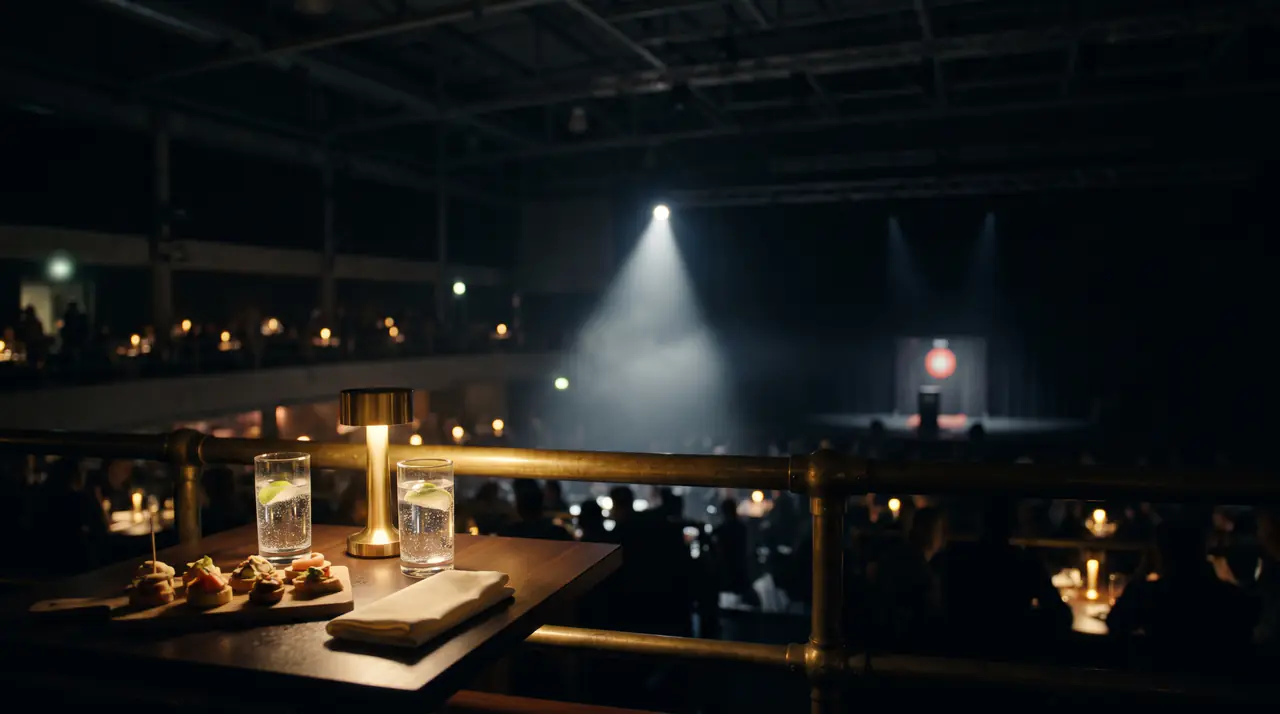 Canapés, two glasses of sparkling water and a brass lamp on a balcony table above a dark hall, a spotlit stage in the distance