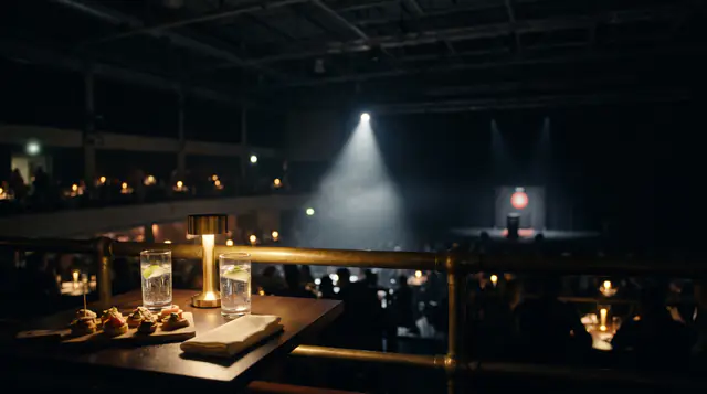 Canapés, two glasses of sparkling water and a brass lamp on a balcony table above a dark hall, a spotlit stage in the distance
