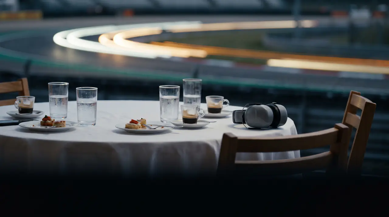 A trackside terrace table with coffee and ear defenders, cars passing below as streaks of light