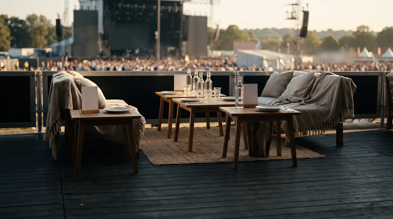 A festival terrace with sofas, throws and set tables above the crowd and main stage