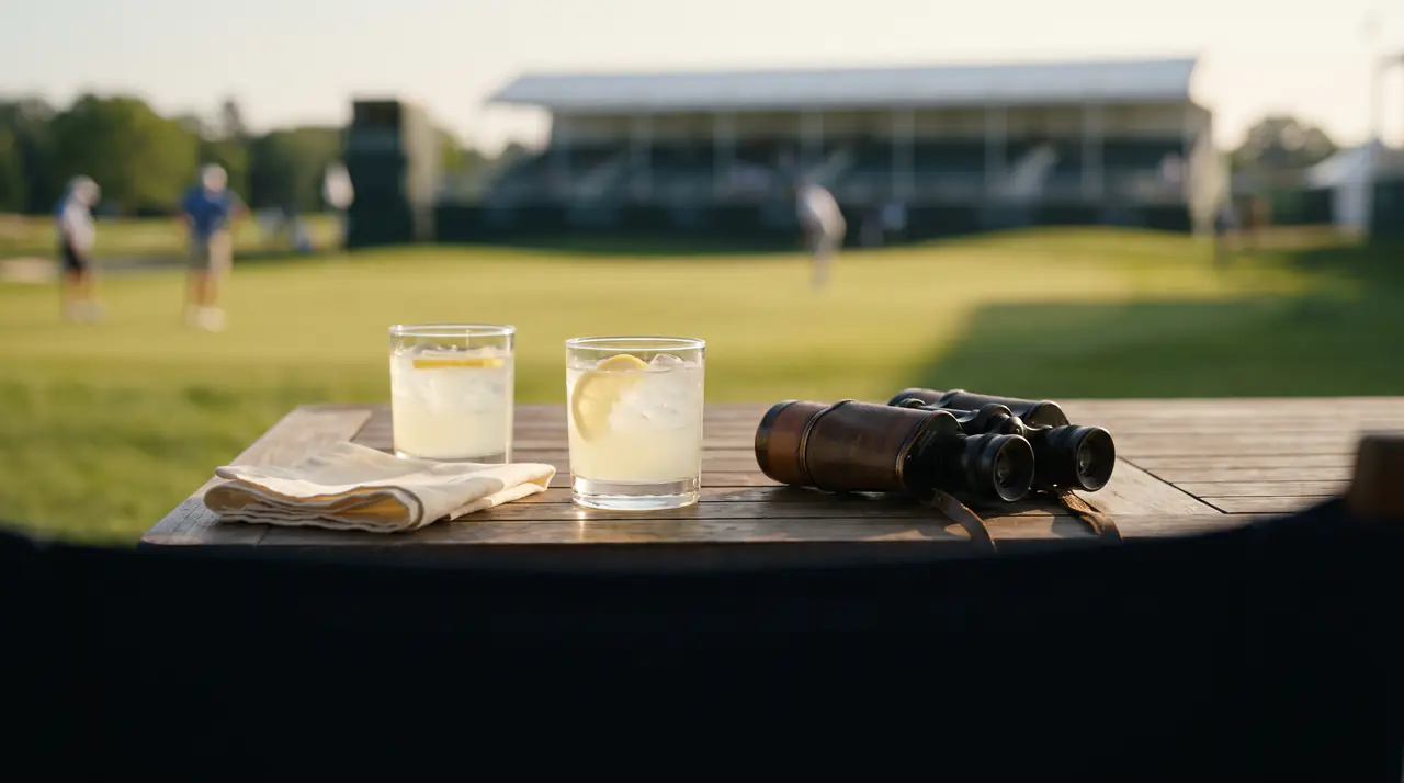 Two lemon drinks and binoculars on a terrace table overlooking a golf course in evening sun