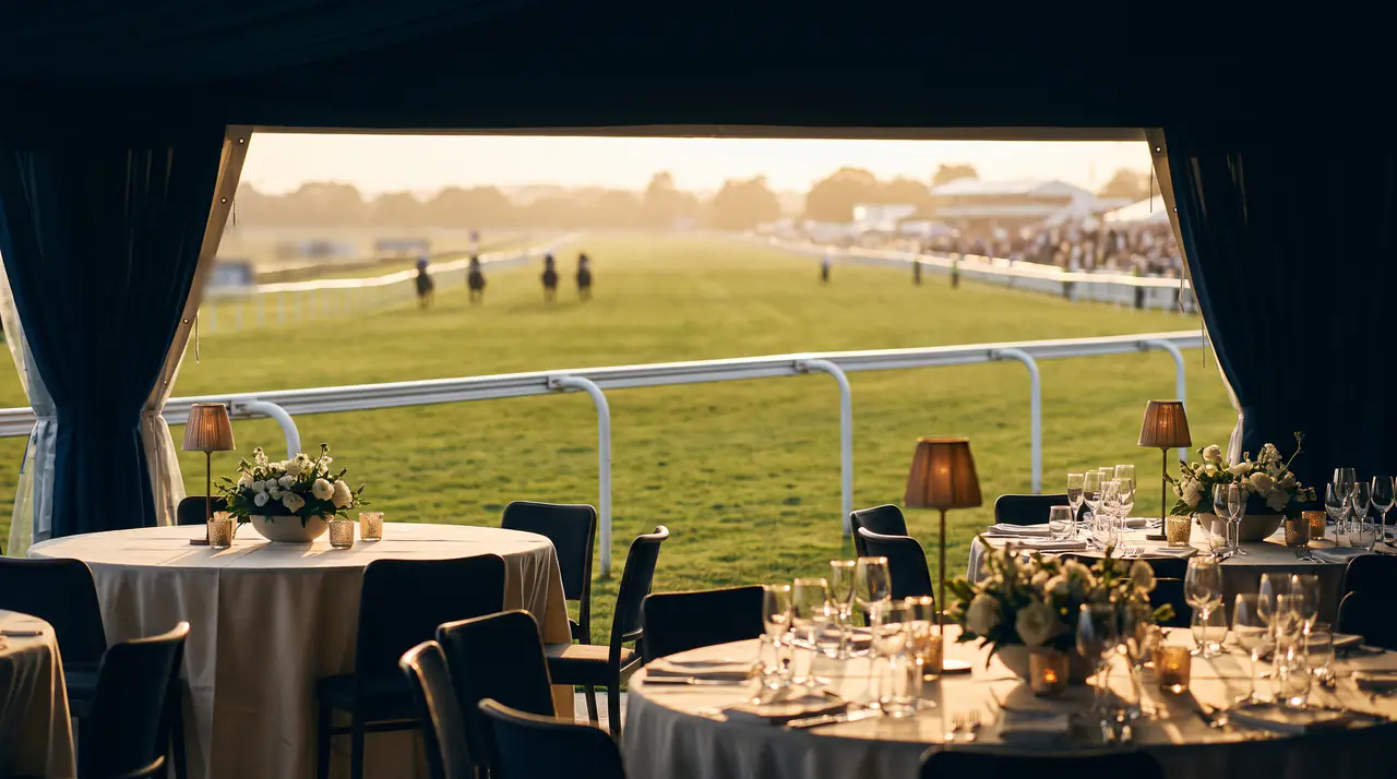 Candlelit tables in a marquee opening onto a racecourse as horses pass in the distance