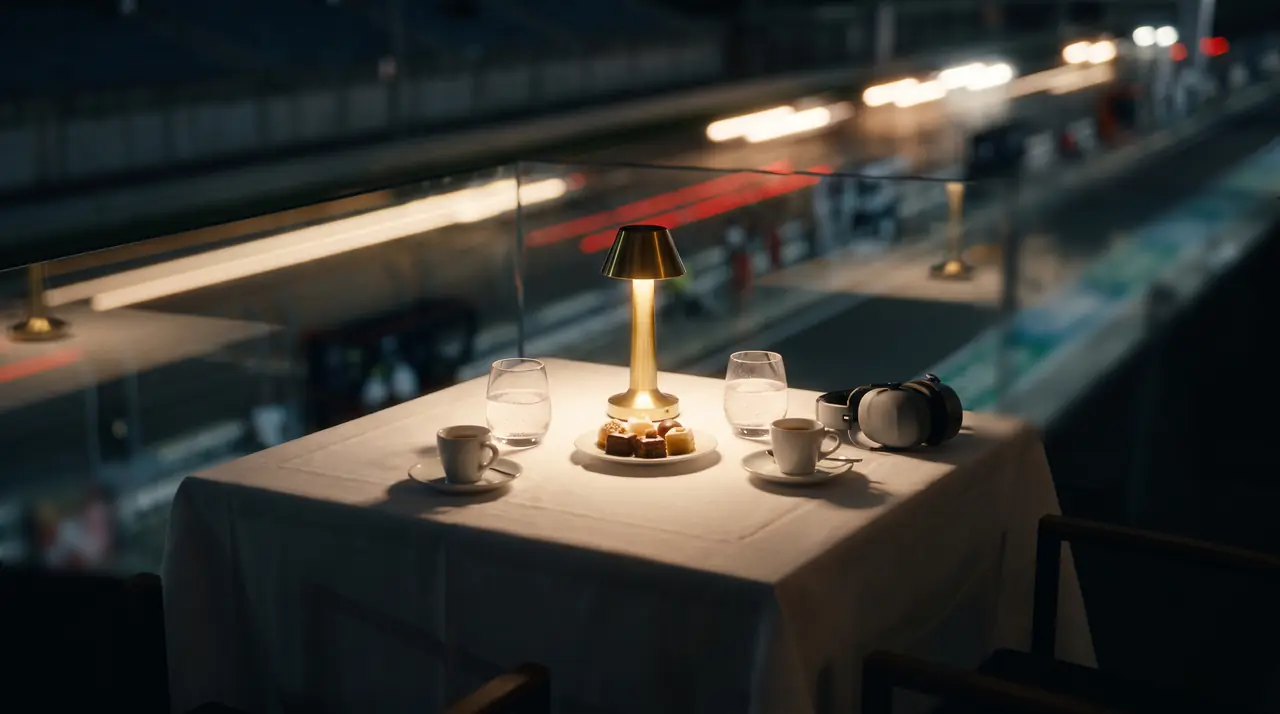 A lamplit table with espresso cups, sparkling water, petits fours and ear defenders on a terrace above a pit lane at night, cars passing below as streaks of light