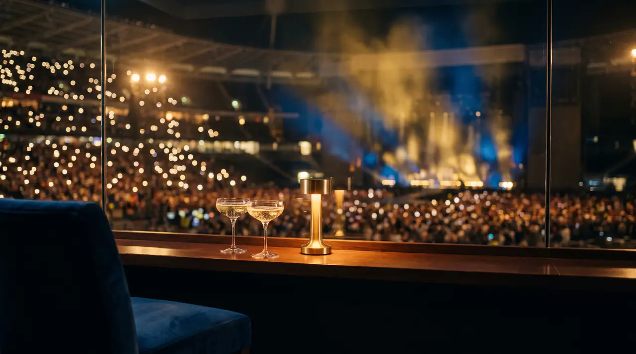 Two coupes and a brass lamp on the ledge of a private box overlooking a stadium concert
