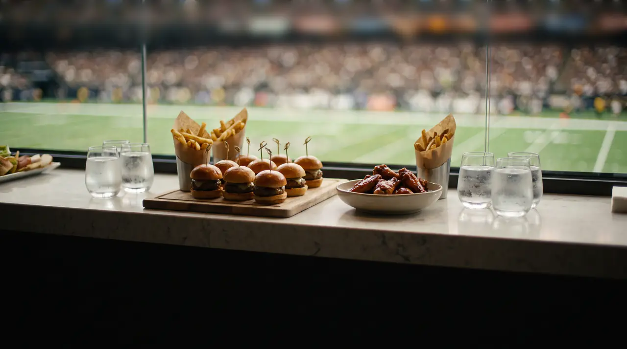 Sliders, fries and wings on a counter in a suite overlooking a floodlit American football stadium
