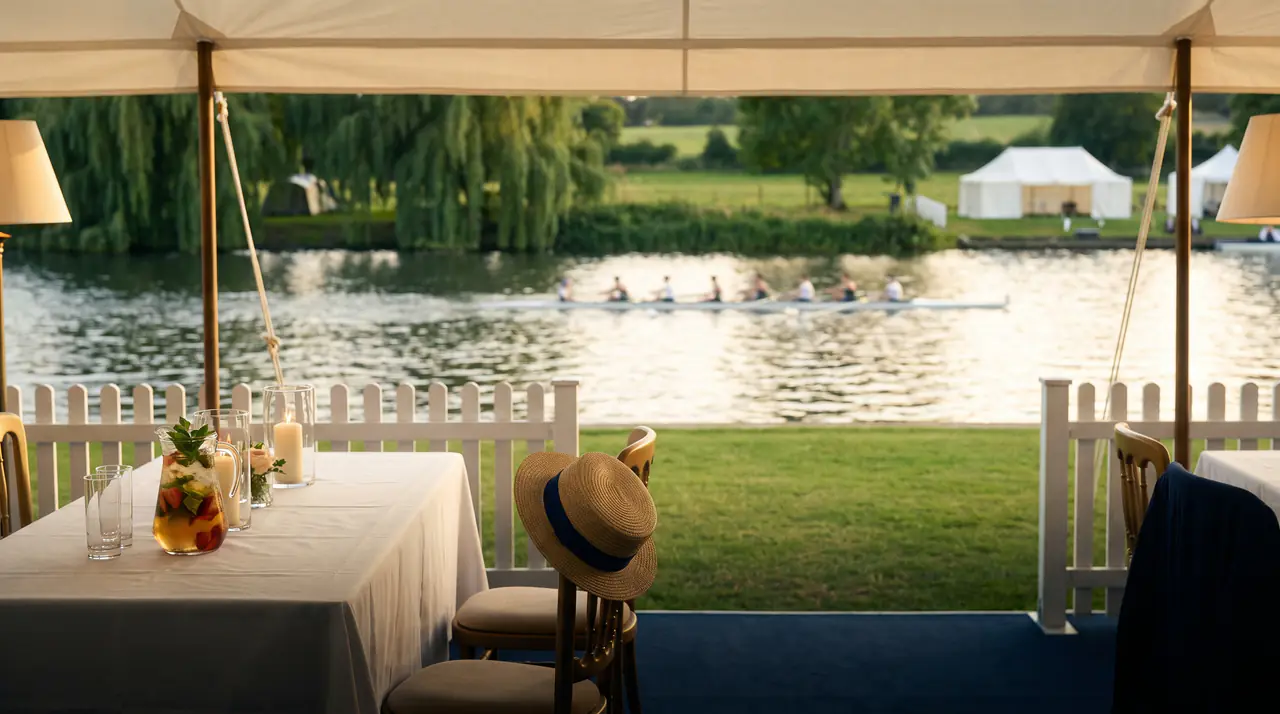 A jug of summer cup and a straw boater on a table under a marquee awning, a rowing eight passing on the river beyond a white picket fence