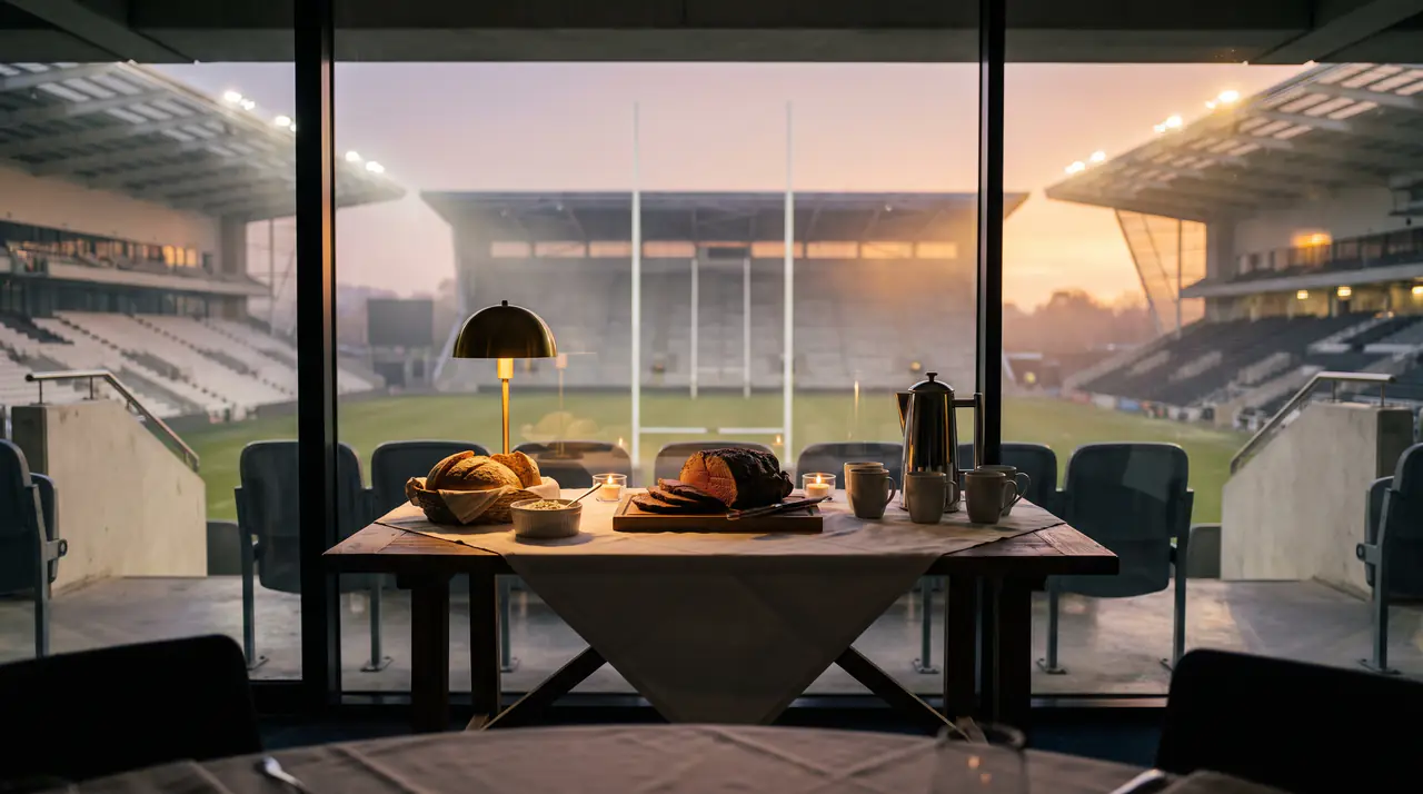 A lunch table with roast beef and bread in a box overlooking a rugby pitch at sunset