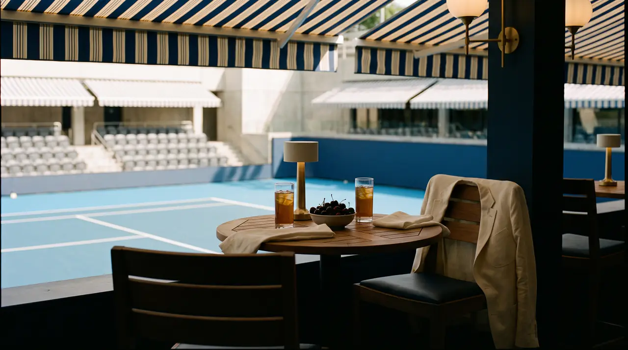 A terrace table with iced tea and cherries beside a blue hard tennis court under striped awnings