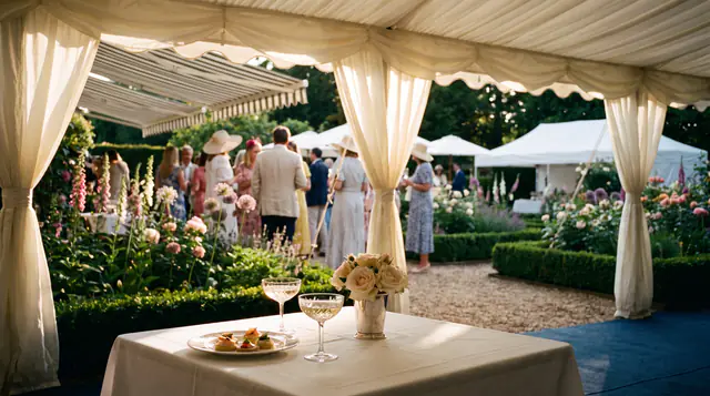 Two coupes, canapés and a cup of cream roses on a table in an open marquee, guests in summer dresses and hats among the flower borders beyond