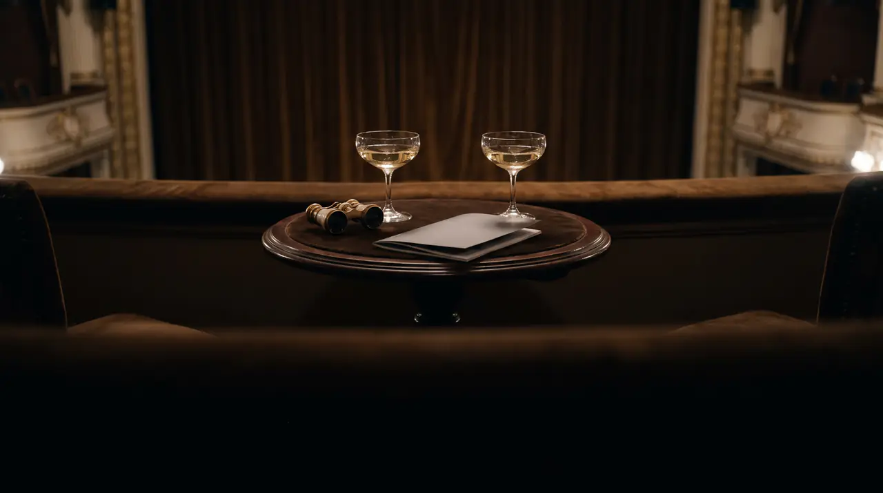 Two coupes, opera glasses and a programme on a small table in a velvet theatre box