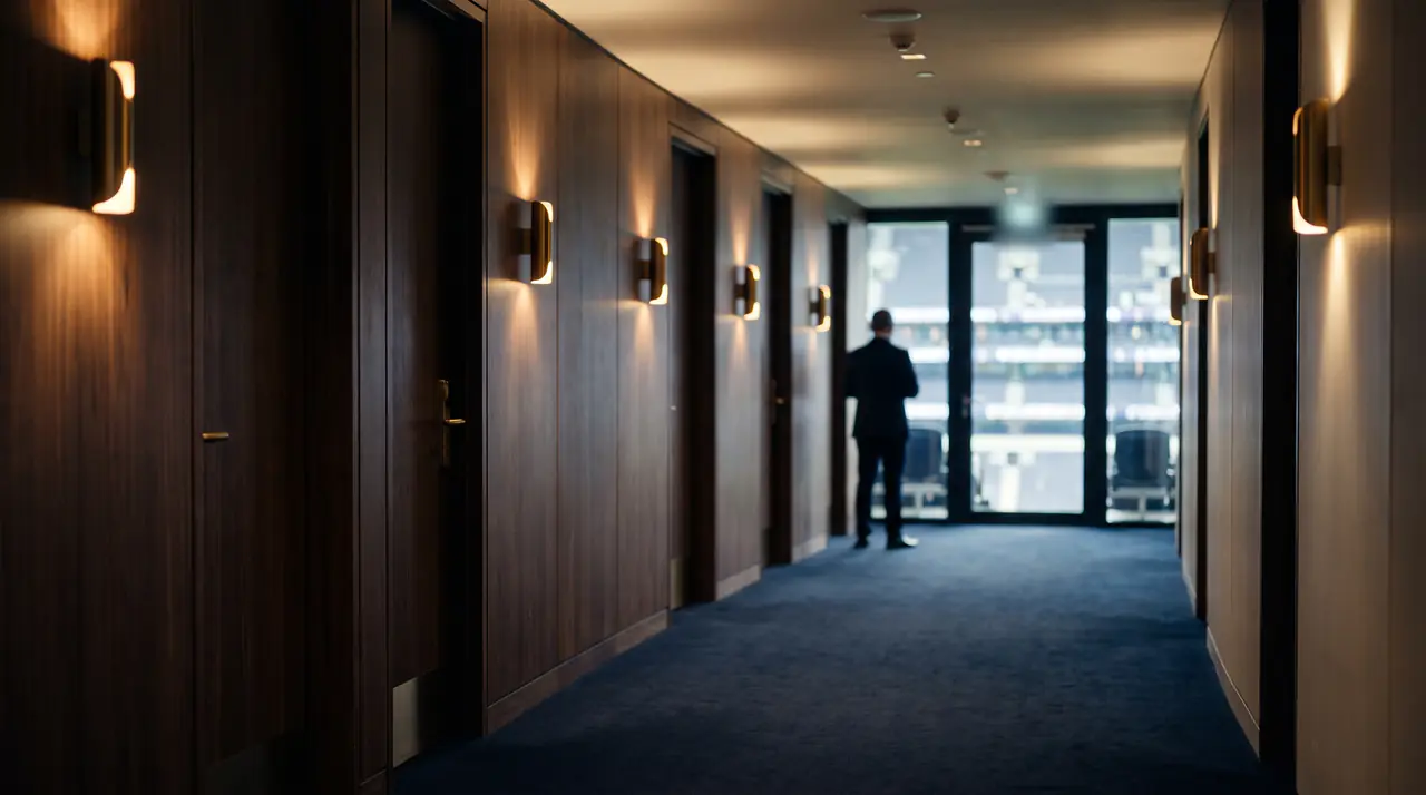 A walnut-panelled hospitality corridor with brass wall lights leading to glass doors onto the stadium