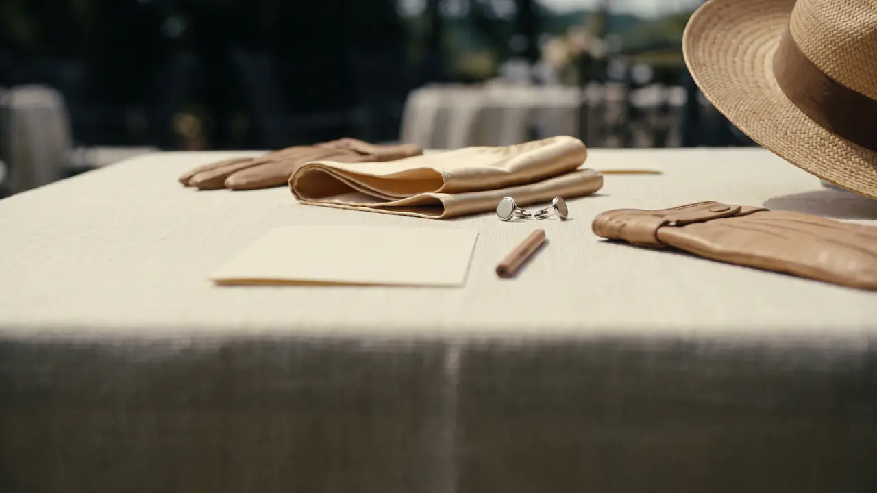 Leather gloves, a silk pocket square, cufflinks, a blank card and a straw hat laid out on linen