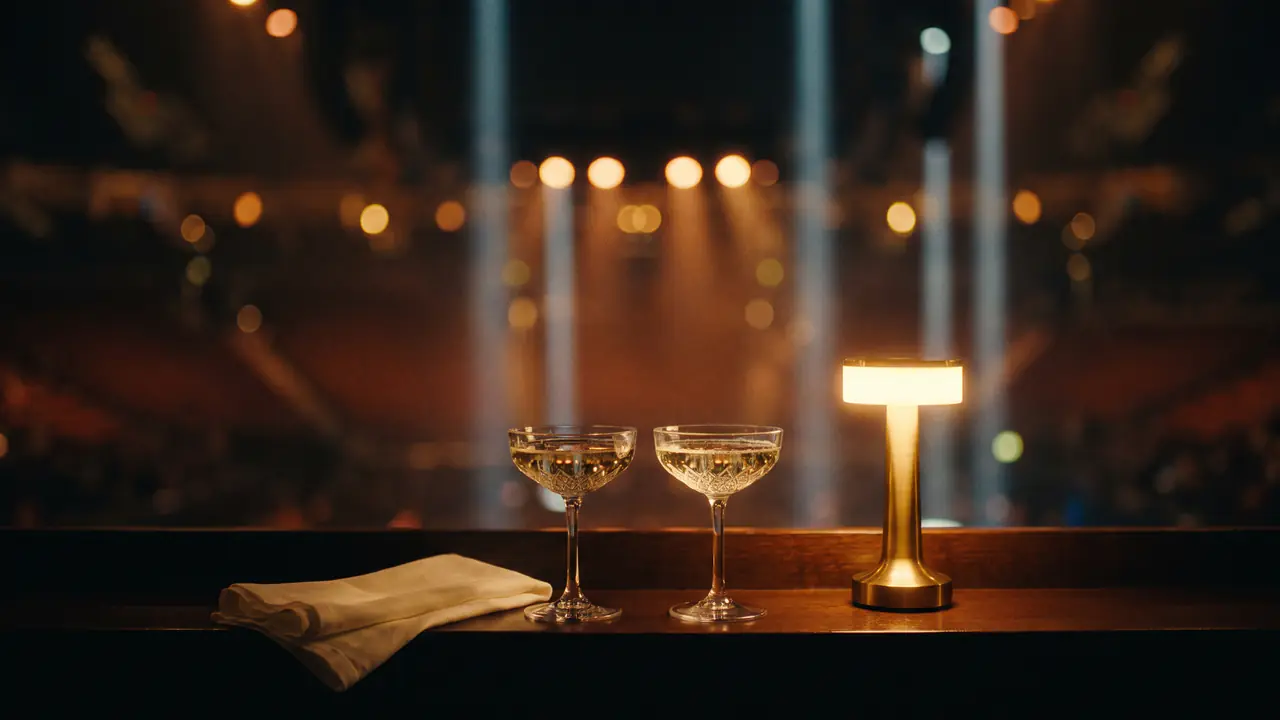 Two coupes of champagne, a folded napkin and a brass lamp on the ledge of a private box above a concert arena, stage lights soft in the haze