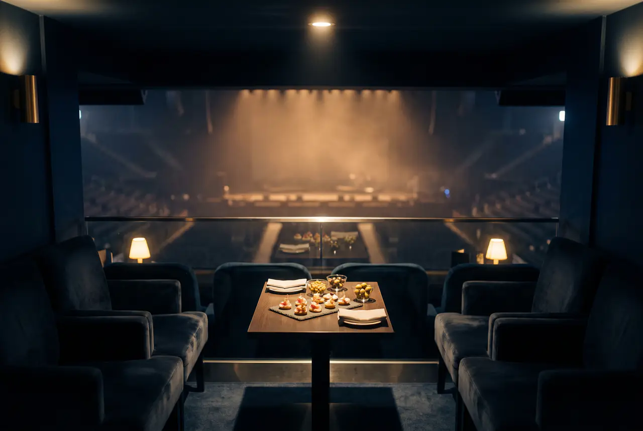 Velvet armchairs around a table of canapés in an arena box before a show