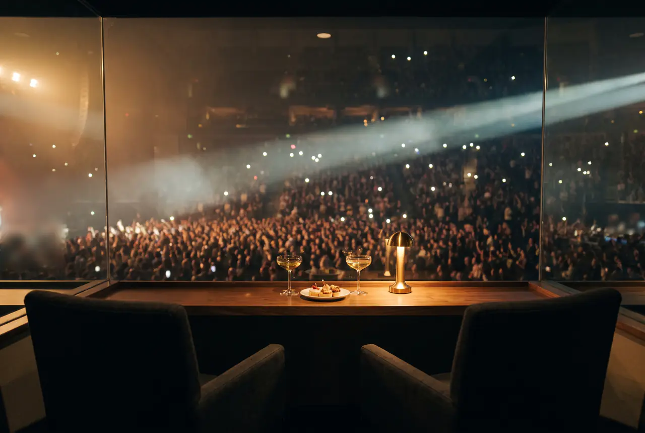 Two coupes, canapés and a brass lamp on a ledge in front of two armchairs in an arena box, the crowd below holding up phone lights as a beam of light cuts through the haze