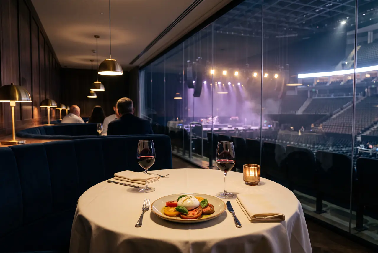 Burrata with heritage tomatoes, two glasses of red wine and a candle on a table in a walnut-panelled arena restaurant, the empty seating bowl and a haze-lit stage beyond the glass wall