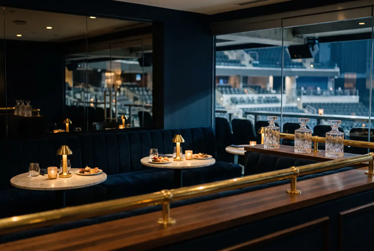 Velvet banquettes, marble tables and crystal decanters in an arena lounge