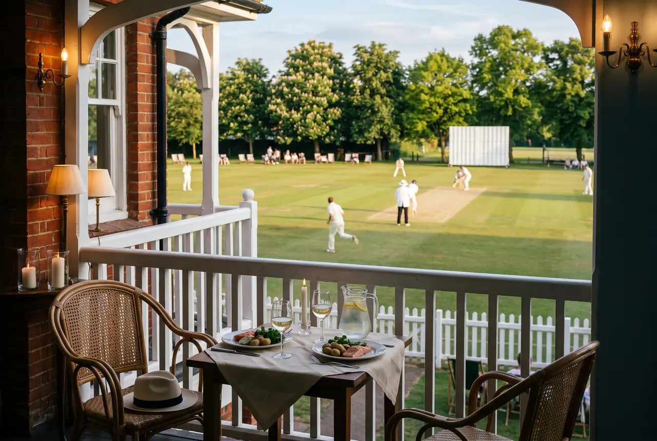 Poached salmon, new potatoes and white wine on a table on a red-brick pavilion balcony, a panama hat on a cane chair and a cricket match on the sunlit outfield beyond a white picket fence