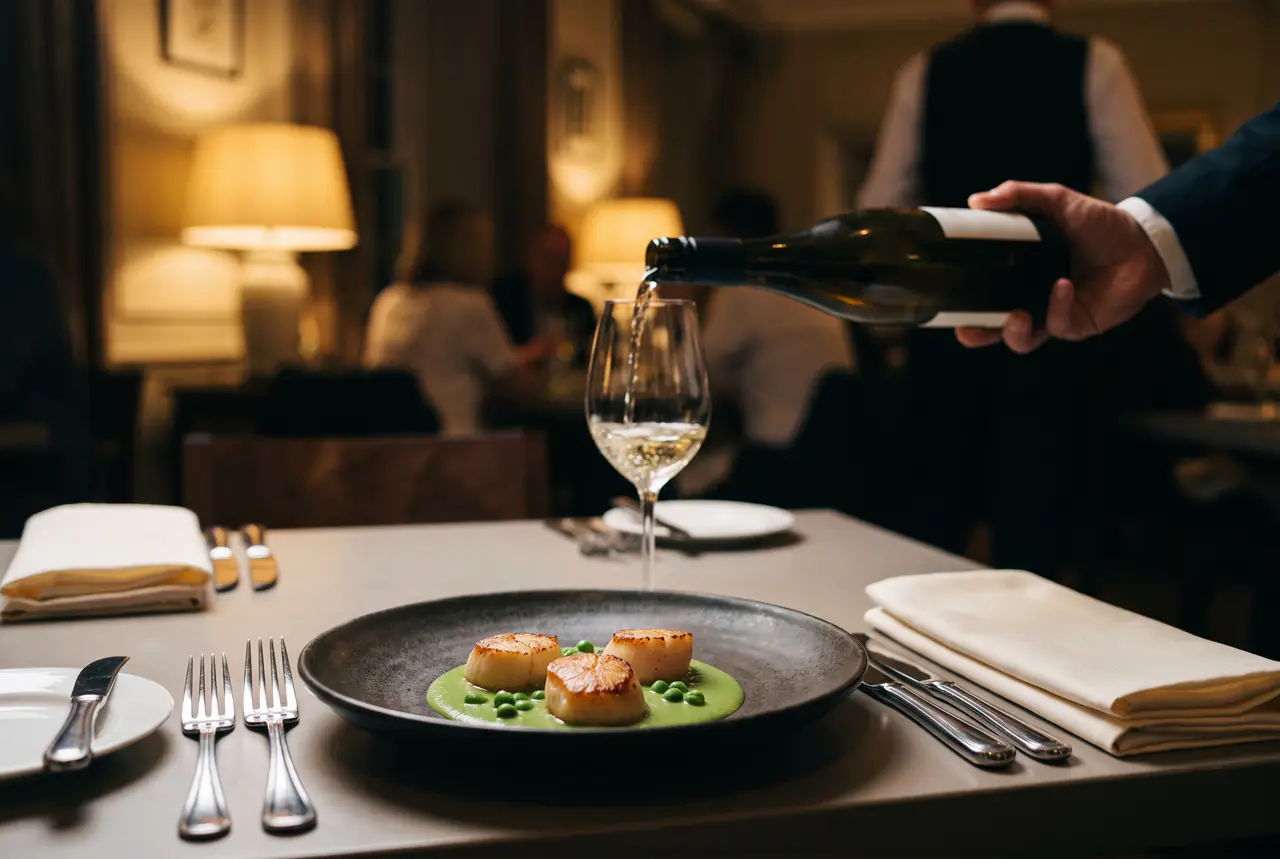 Seared scallops on a dark plate as white wine is poured in a lamplit dining room