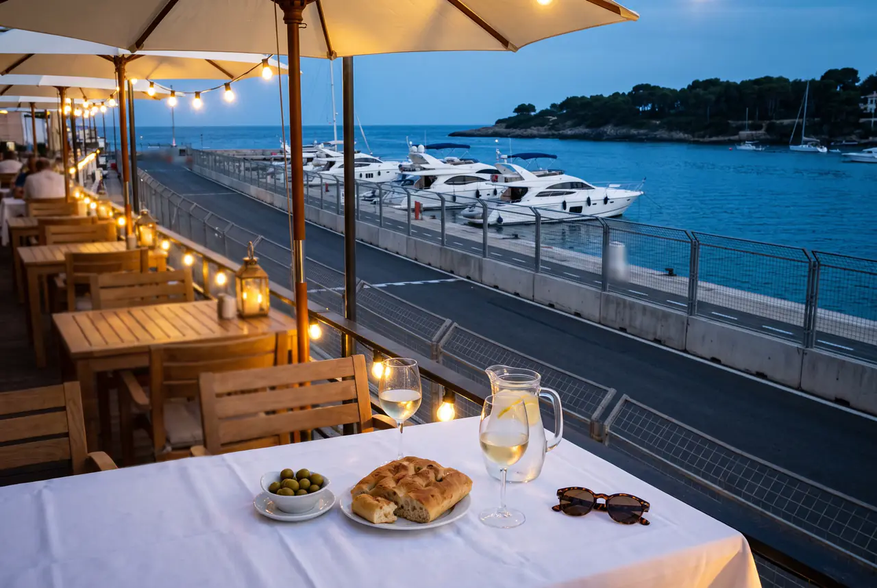 Olives, focaccia, white wine and sunglasses on a terrace table under festoon lights beside a quayside race track, motor yachts moored in the harbour and a pine-covered headland at dusk
