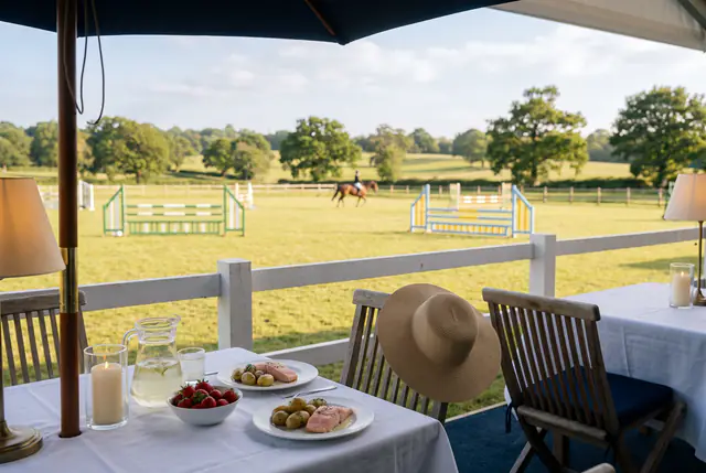 Salmon, new potatoes, strawberries and a straw hat on a terrace table beside a showjumping arena, a horse and rider in the parkland beyond