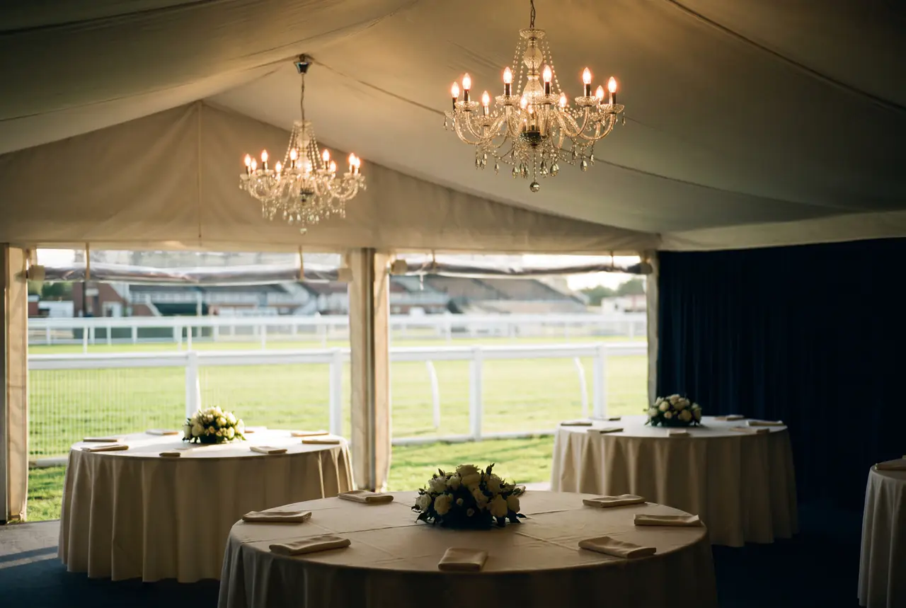 Chandeliers above round tables set in a marquee beside a racecourse