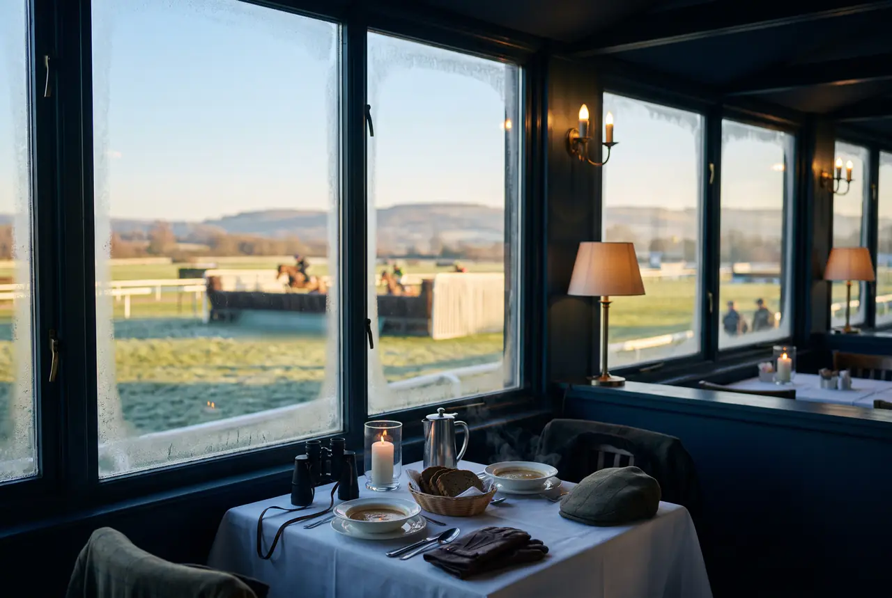 Soup, bread, binoculars, a flat cap and gloves on a candlelit window table, horses jumping a steeplechase fence on a frosty course outside