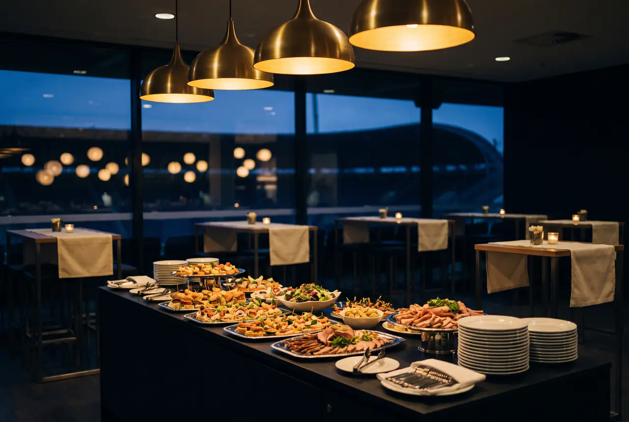 A buffet under brass pendant lights and high tables with ivory runners in a hospitality lounge, a stadium silhouette beyond the windows at dusk