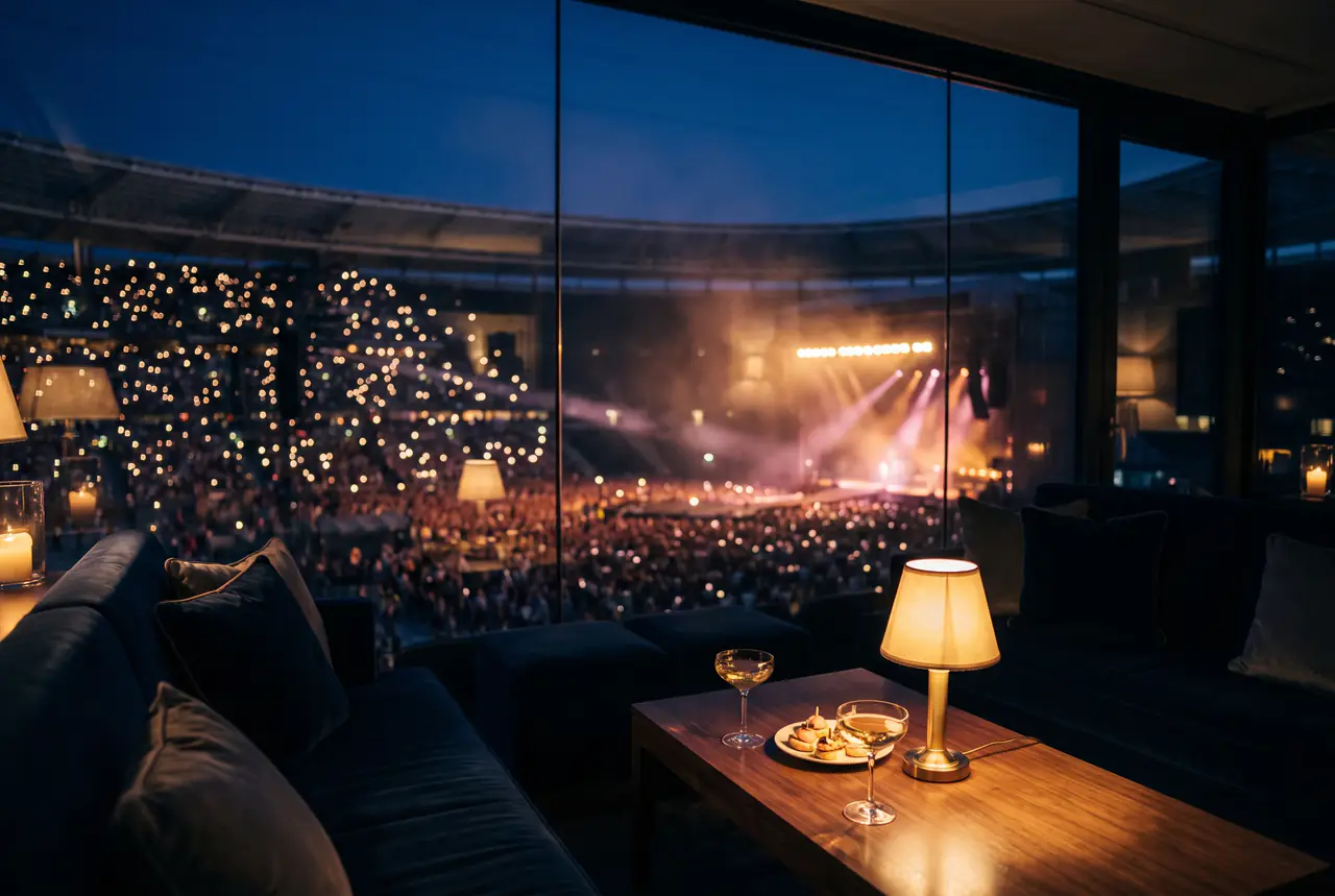 A lamplit table with two coupes and canapés beside velvet sofas in a private suite, a stadium concert glowing through the glass at dusk