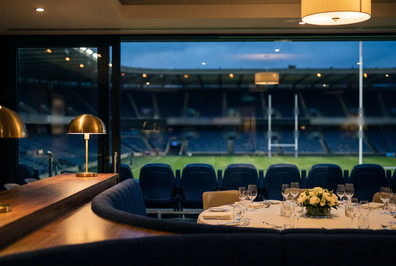 A navy banquette, a walnut bar with a brass lamp and a table set for dinner in a private box above a rugby pitch at dusk