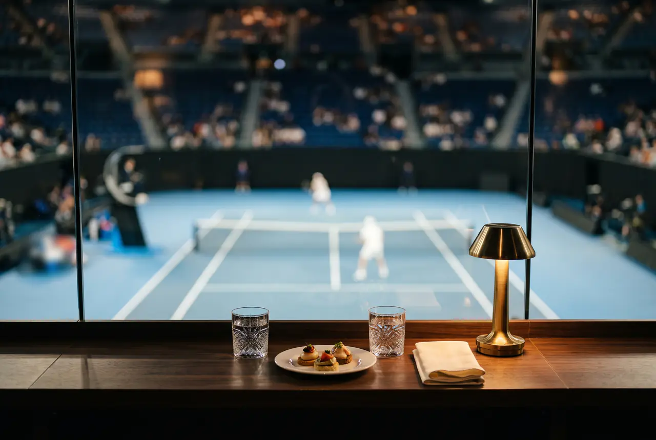Two tumblers of water, canapés, a napkin and a brass lamp on a box ledge above a floodlit blue hard tennis court during an evening match, the players out of focus