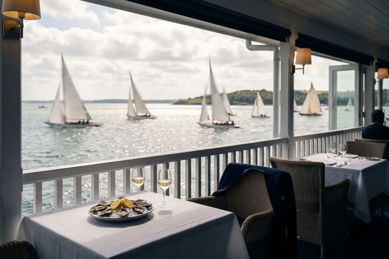 Oysters and two glasses of white wine on a covered terrace table, classic yachts racing on the water beyond a white balustrade